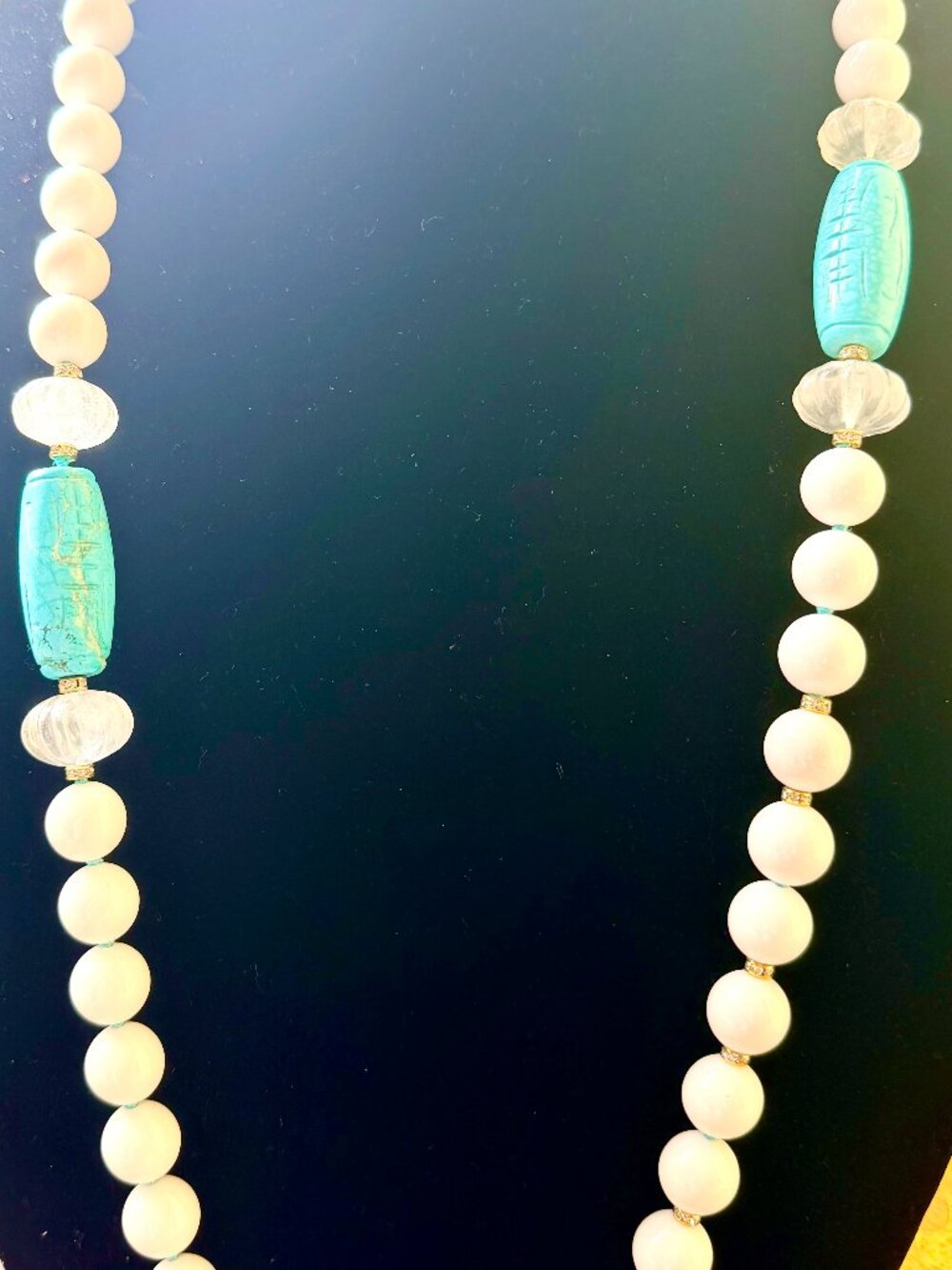 Beaded Statement Necklace Strand White Beads w/ Carved turquoise carved beads